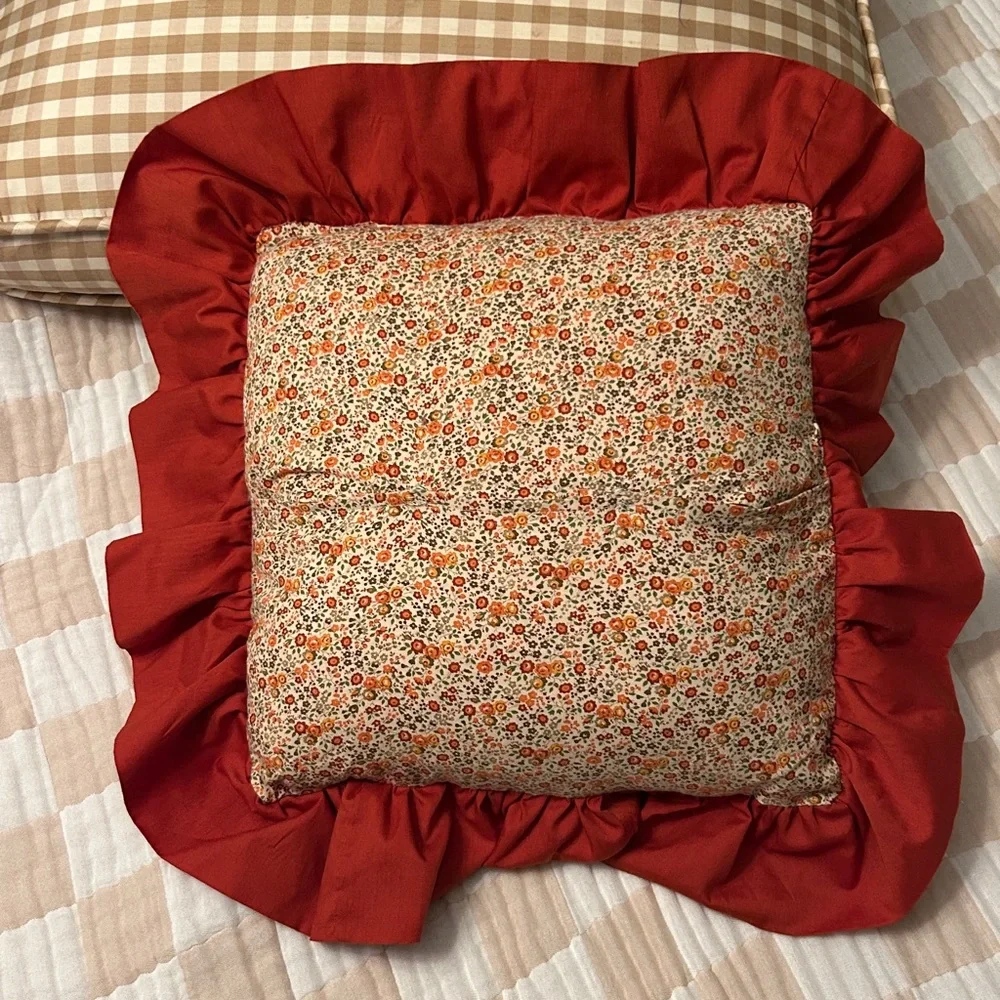 Antique Log Cabin Quilt Pillow Floral Back Terracotta Gold Applecore Aesthetic